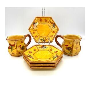 Bamboo Rooster by Ack 2 Coffee Mugs / Cups & 4 Saucers Yellowish Orange